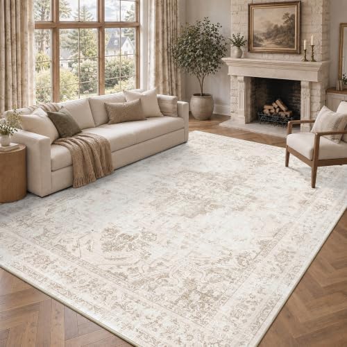 Washable 9x12 Dorm Area Rug Soft Medallion Neutral Beige Large Carpet by HOME