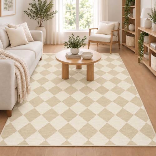 4x6 Checkered Area Rug for Living Room, Soft Low Pile Oat Rugs by Unknown