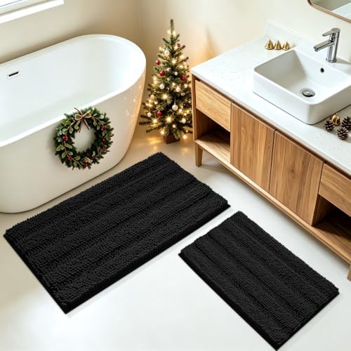ACCUMTEK Striped Black Bathroom Rug Mat Set 2 piece 32"x20"+24"x17" Ultra Soft, Non Slip Chenille Bath Rugs, Absorbent Plush Shaggy Bath Mats for Bathroom, Bedroom, Kitchen, Shower, Tub by ACCUMTEK