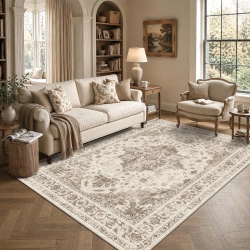6x8 Washable Bedroom Area Rug Non-Slip Medallion Taupe Throw Carpet - Image 3