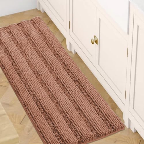 H.VERSAILTEX Bath Rugs for Bathroom Non Slip Bath Mats Extra Thick Chenille Striped Bath Rug Runners 47" x 17" Absorbent Fluffy Soft Shaggy Mats Dry Fast Plush Area Carpet for Bath Room - Muted Clay by HVERSAILTEX
