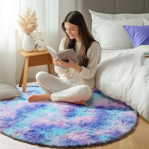 ONASAR Rainbow Round Area Rugs 5ft, Soft Bedroom Circle Rug Mats for Kids Girls Teen Room, Mermaid Fluffy Plush Shaggy Carpet for Baby Nursery Living Room Playroom Home Decor Princess Castle - Image 6
