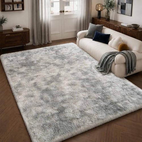Tie-Dyed Grey Fluffy Area Rug 5x8 Ft, Washable for Living Room by OHWPEAT