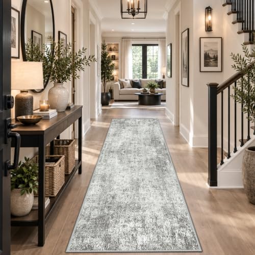 RELEANY Washable Runner 2'x8' Abstract Area Rug for Hallway Gray White - Image 2