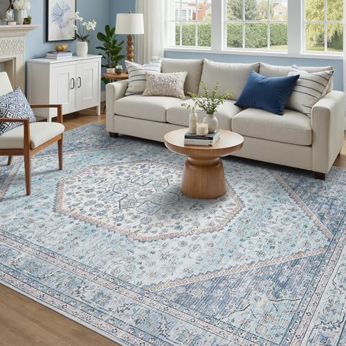 DCX 4x6 Washable Area Rug for Living Room, Non Slip Low Pile Rug, Blue by DCXWashableRug