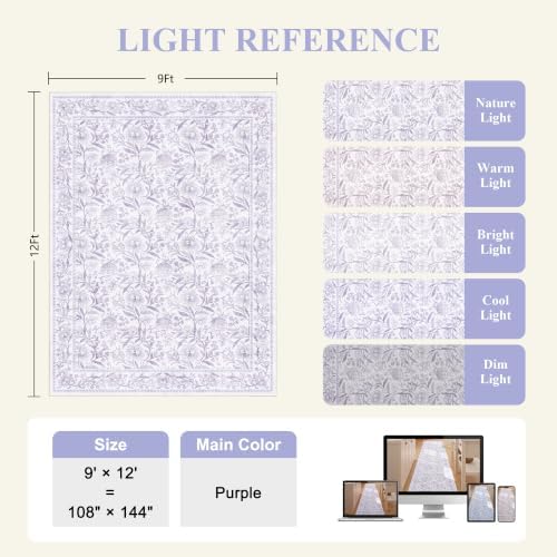 DUKINO 9x12 Area Rug for Living Room, Vintage Floral Washable Rug, Purple - Image 2