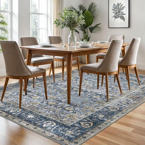 KUTA Vintage Floral 6x9 Area Rugs Blue Grey Beige Washable Rugs - Image 3