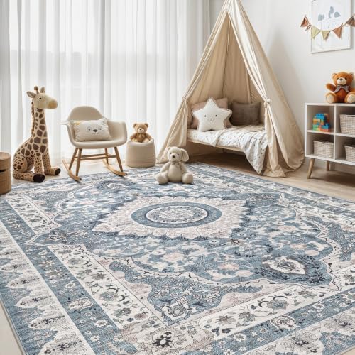 Washable 5x7 Area Rugs: Blue Rug for Living Room - Image 3