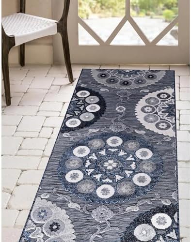 CAMILSON Runner Outdoor Rugs Oriental Retro Traditional Floral Medallion Area Rug 2x10 Non-Shedding Stain Resistant Indoor Carpet for Bathroom Hallway Kitchen Office (2 x 10 / Navy Blue) - Image 3