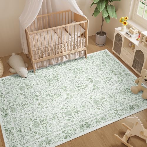 DUKINO 5x8 Area Rug Vintage Floral Washable Rugs for Living Room Sage Green - Image 3
