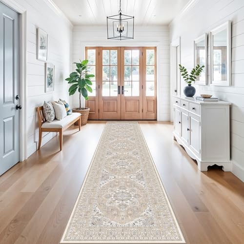 RUUGME Hallway 2'6x12 Runner Rug: Vintage Washable Kitchen Rugs Non-Slip Low Pile Carpet for Entryway Soft Thin Stain Resistant Floor Decor Mat for Bathroom Living Room Bedroom(Beige/Cream,2'6"x12') by RUUGME