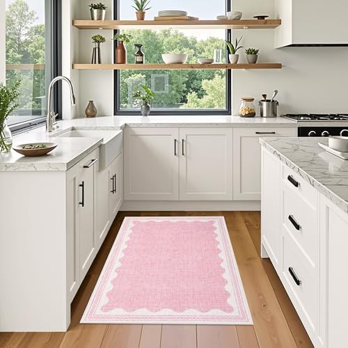 GarveeHome Scalloped 3x5 Washable Rug Non-Slip Low-Pile Indoor Rugs for Entryway Solid Pink Modern Minimalism Carpet for Bedroom Living Room Kitchen Bathroom Indoor Mat - Image 4