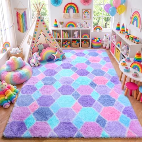 Checkered 6x9 Area Rugs for Living Room, Fluffy Purple Rainbow Girls Rug by ONASAR