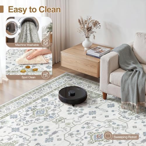 Area Rug 5x7 for Living Room - Washable Oriental Vintage Floral Distressed Large Indoor Carpets with Non Slip Back for Bedroom Dining Room Nursery Office Home Decor -Light Green - Image 3