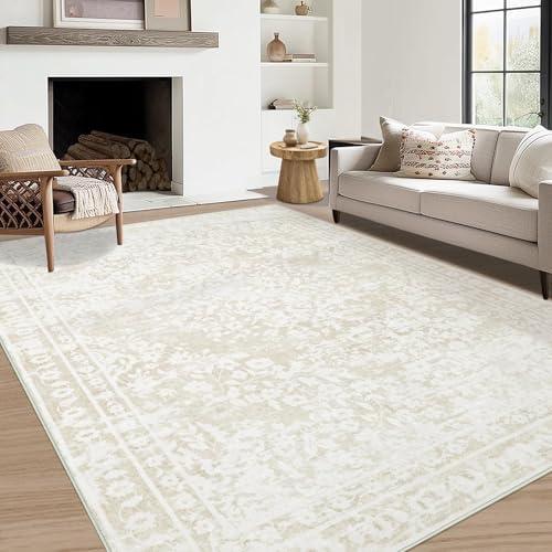 Aoyaomi Vintage Living Room Area Rug - 5x7 Large Machine Washable Boho Area Rug Distressed Floral Rugs for Bedroom, Soft Non-Slip Indoor Floor Accent Rugs for Office Dining Room (Cream Beige, 5'x7') by AOYAOMI