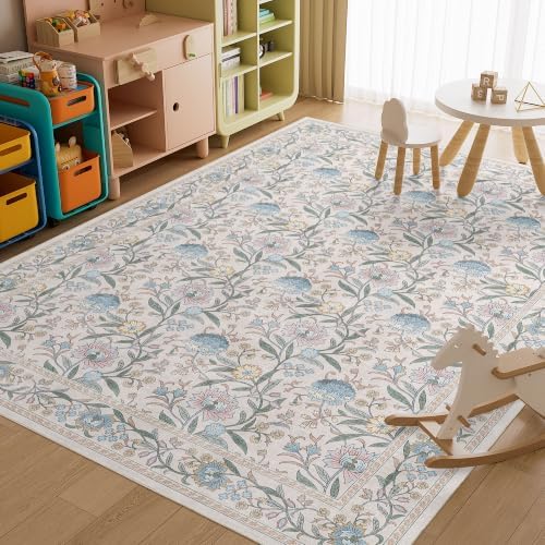 DUKINO 9x12 Area Rug for Living Room Vintage Floral Washable Rug Cream Blue - Image 5