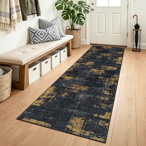 Modern Hallway Runner Rug 2x6,Textured Non Slip Carpet Runner,Navy/Gold by TTelephant