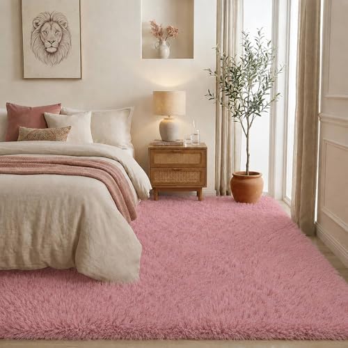 Blush Pink Fluffy Area Rug 5x8 Ft, Washable for Living Room - Image 2
