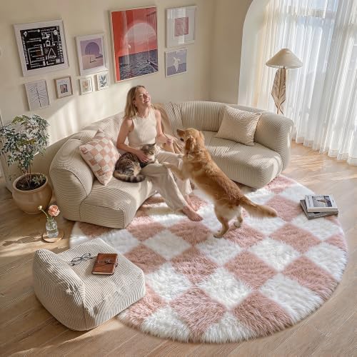PureCozy Pink Round Rug 6ft for Bedroom Soft Fluffy Checkered Shag Carpet by PureCozy
