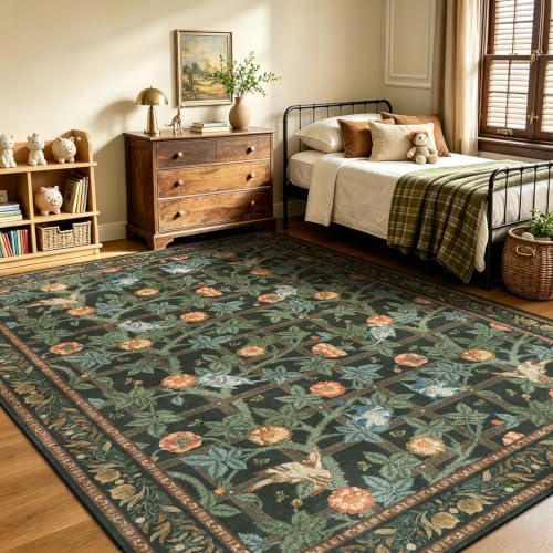 5x7 Area Rug, Green Vintage Floral Washable Rugs for Living Room Bedroom - Image 3