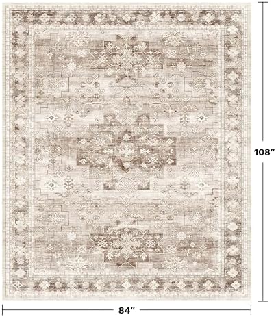Boho 7x9 Area Rug for Living Room - Washable Beige Dining Room Rug Under the Table, Low Pile Non-Slip Rugs for Bedroom, Office - Charming Geometric Decor & Stain Resistance (7x9 Beige/Latte) - Image 2