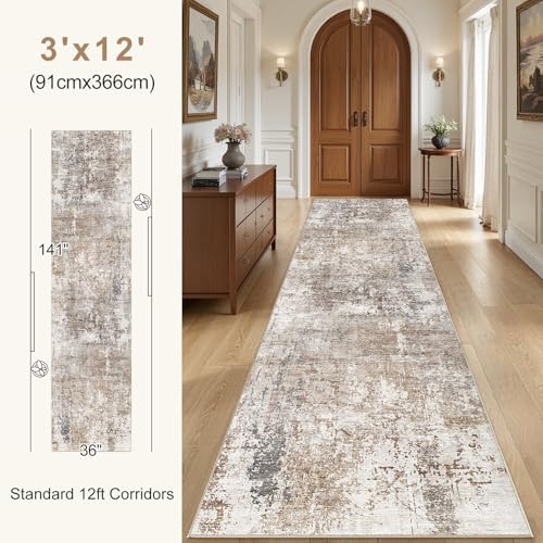 UERMEI 3x12 Washable Runner Rug for Hallway, Non Slip Low Pile Kitchen Carpet, Neutral Modern Abstract Indoor Floor Mat for Entryway Laundry, Kid & Pet Safe High Traffic Area, Brown/Grey/Red - Image 5