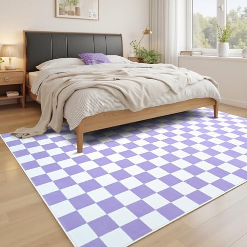Terrug Purple and White Checkered Rug for Living Room,6x9 Area Rugs Washable with Non Slip for Bedroom,Soft Low Pile Stain Resistance Retro Carpet for Dorm Kids Room - Image 2