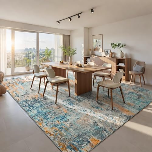 Ompaa Living Room Rug 8x10 Blue Area Rugs Machine Washable Abstract Boho Large Carpet Non-Slip Non-Shedding Faux Wool Indoor Vintage Rugs for Bedroom, Classroom, Dining Room, Kids Playroom - Image 2