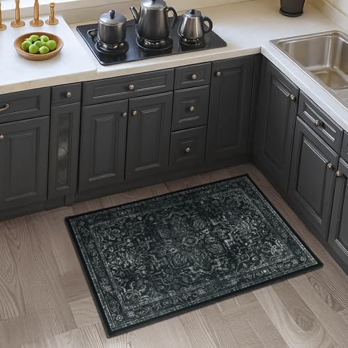 Distressed Black Kitchen 2x3 Rugs Non Slip Washable, Vintage Medallion Pinted Dark Door Mat Indoor Entrance Entryway, Small Low Pile Rugs for Bathroom Vanity/Laundry Room/Bedroom - Image 3