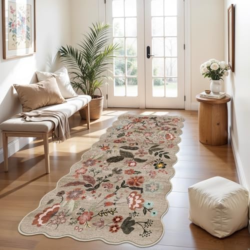 3x8 Washable Non-Slip Runner Rug: Floral Scalloped Wide Kitchen Rugs Brown - Image 6