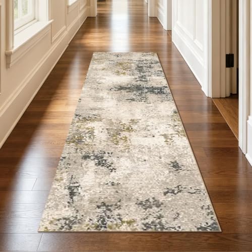 Gilded Mottle 2.6x8 ft Cream Gray Olive Runner Rug for Hallway Entryway by Unknown
