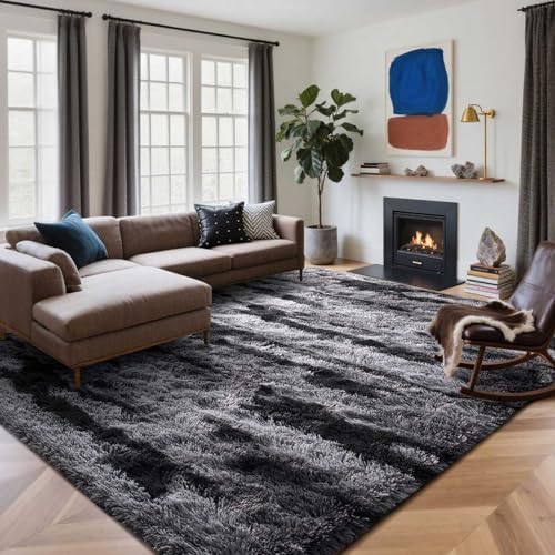 8x10 Ft Extra Large Shag Rugs for Living Room, Tie Dyed Ultra Soft Fluffy Furry Area Rugs for Bedroom Indoor Floor, Aesthetic Carpet for Kids Home Decor Black by Cuzwlovita