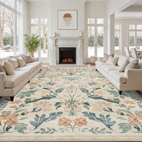 10x14 Area Rugs Boho Floral Washable Living Room Rug Neutral Carpet Bedroom by Yidanamy
