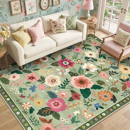RELEANY Floral Washable 6x9 Area Rugs LightGreen by RELEANY
