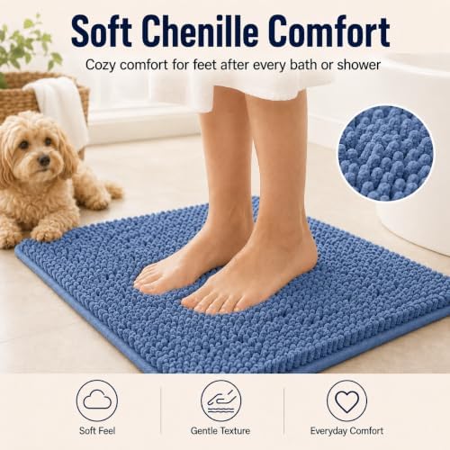 Blue Bathroom Rugs Chenille Bath Mats Set 2 Piece Extra Soft and Absorbent Shaggy Rugs, Machine Wash and Dry, Perfect Plush Bath Mats for Tub, Shower, Bathroom ​Decor, Washable Carpets Set - Image 3
