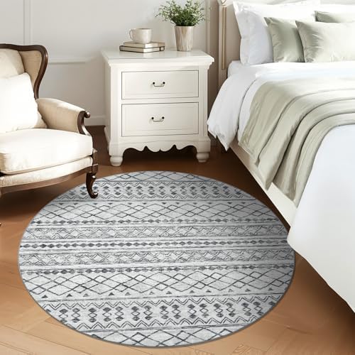 KUTA Boho Round Washable Rugs 5Ft Grey Moroccan Circle Area Rug - Image 3