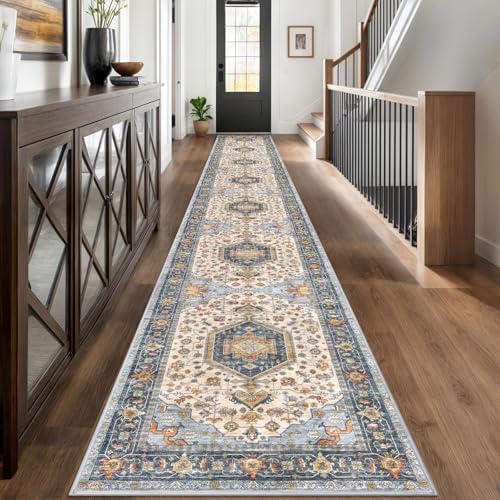KUTA Extra Long Runner Rug for Hallway 2.6x18 Ivory Blue Vintage Washable by KUTA
