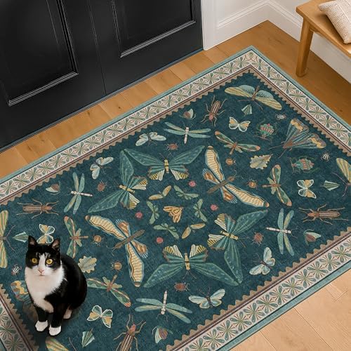 Teal 3x6 Entryway Rug, Washable Low Pile Door Rug for Kitchen & Living Room, Indoor Insect Décor Carpet by HazoHaus