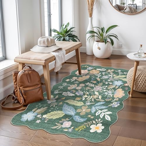 Washable 3x4 Entryway Rug: Boho Scalloped Floral Soft Thin Door Mat Green by BYYVOORugsforYourHome