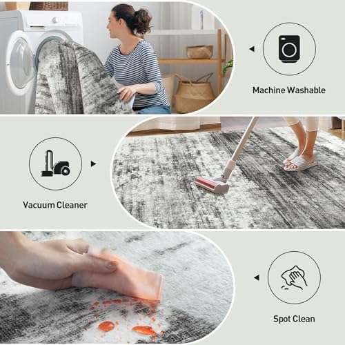 2'6''x8' Runner Rugs Washable Rug:Modern Abstract Hallway Black Grey Carpet - Image 5