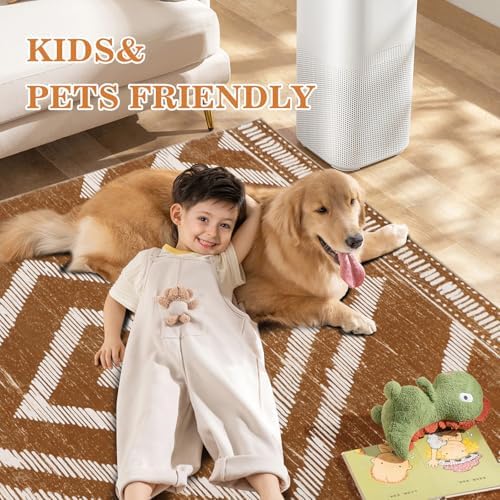 Boho Washable Rugs 5x7ft Non Slip, Low Pile Area Rug for Living Room, Brown Moroccan Bedroom Carpets, Non Shedding Soft Floor Carpet for Dining Room Bathroom Nursery Kitchen Office - Image 2