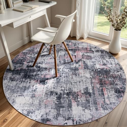Sasttie 5ft Round Area Rug, Modern Abstract Circle Carpet, Black & Pink by SASTTIE
