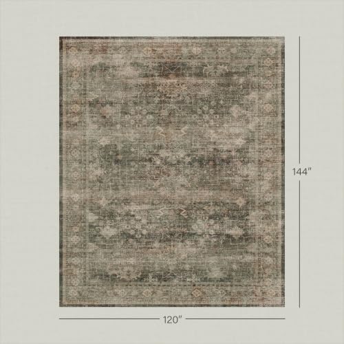 Moss Green 10x12 Large Area Rug for Living Room, Vintage Washable Boho Dark Academia Distressed Geometric Floral Rug for Bedroom & Dining Room, Non-Slip Low Pile Stain Resistant - Image 2