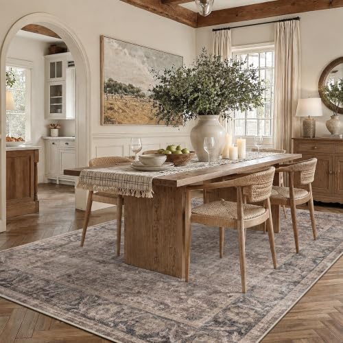 Washable 5x7 Bedroom Non-Slip Area Rug Retro Taupe Navy Throw Carpet - Image 2