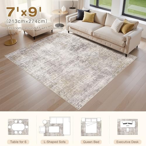 kakania Abstract 7x9 Area Rugs for Living Room: Washable Rugs Brown Gold - Image 2
