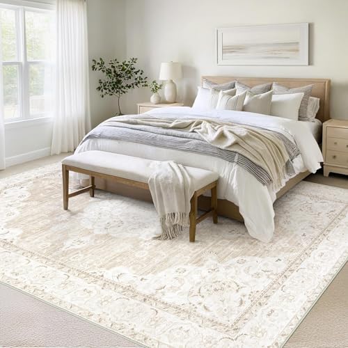 Vintage Living Room Area Rug - 9x12 Large Machine Washable Boho Moroccan Rug Distressed Farmhouse Rugs for Bedroom - Soft Non-Slip Indoor Carpet for Dining Room Office Nursery(Boho Beige, 9'x12') - Image 4