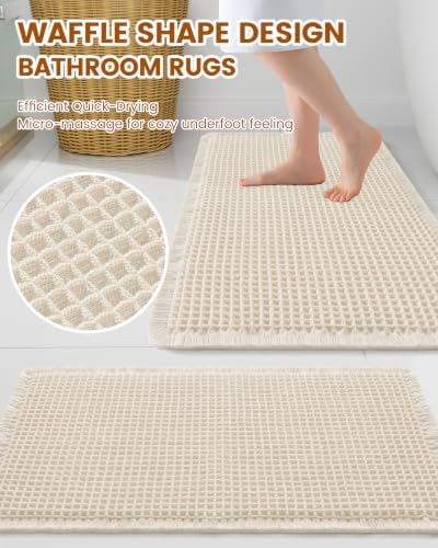Smiry Waffle Bathroom Rugs Sets 2 Piece (30x20+30x20, Cream) - Image 2