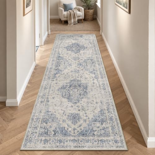 Washable 2.6x8 Kitchen Runner Rug Non-Slip Medallion Blue Long Carpet by HOME