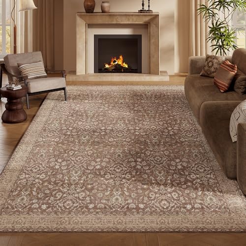 6x9 Reddish Brown Washable Area Rug for Living Room, Vintage Print by Unknown