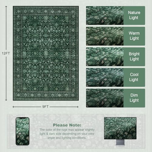 9x12 Area Rugs Living Room: Washable Rug for Bedroom Deep Green - Image 2